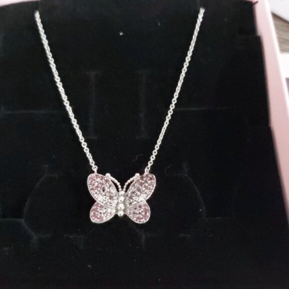 PANDORA *RETIRED* SS Dazzling Pink Butterfly Necklace w/ Pink and Clear Crystals - Picture 8 of 11